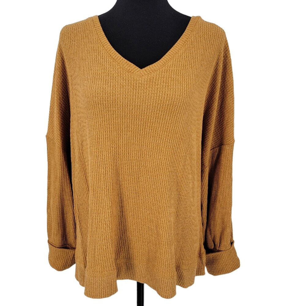 Sanctuary Top Women's Size 1X Waffle Knit V Neck Long Sleeve Yellow Blouse NEW
